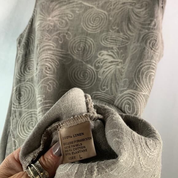 Lina Tomei Linen Embroidered Front Taupe Dress Pockets Classy Comfort Size L - Picture 7 of 8